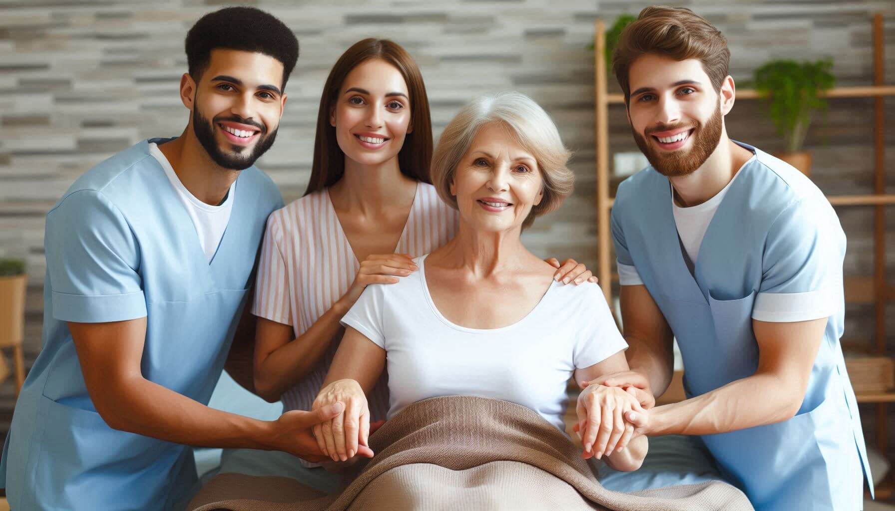 Male and female brown skin and white skin care givers in their early thirties at a care home assisting a woman in her fifties to bed