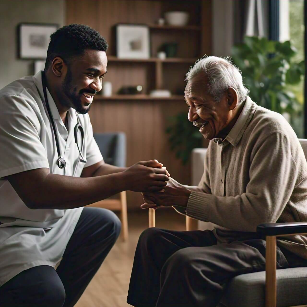 a_dark_skin_man_caregiver_giving_care_happily_to_an_aged_man_at_the_care_home_they_both_look_content 1